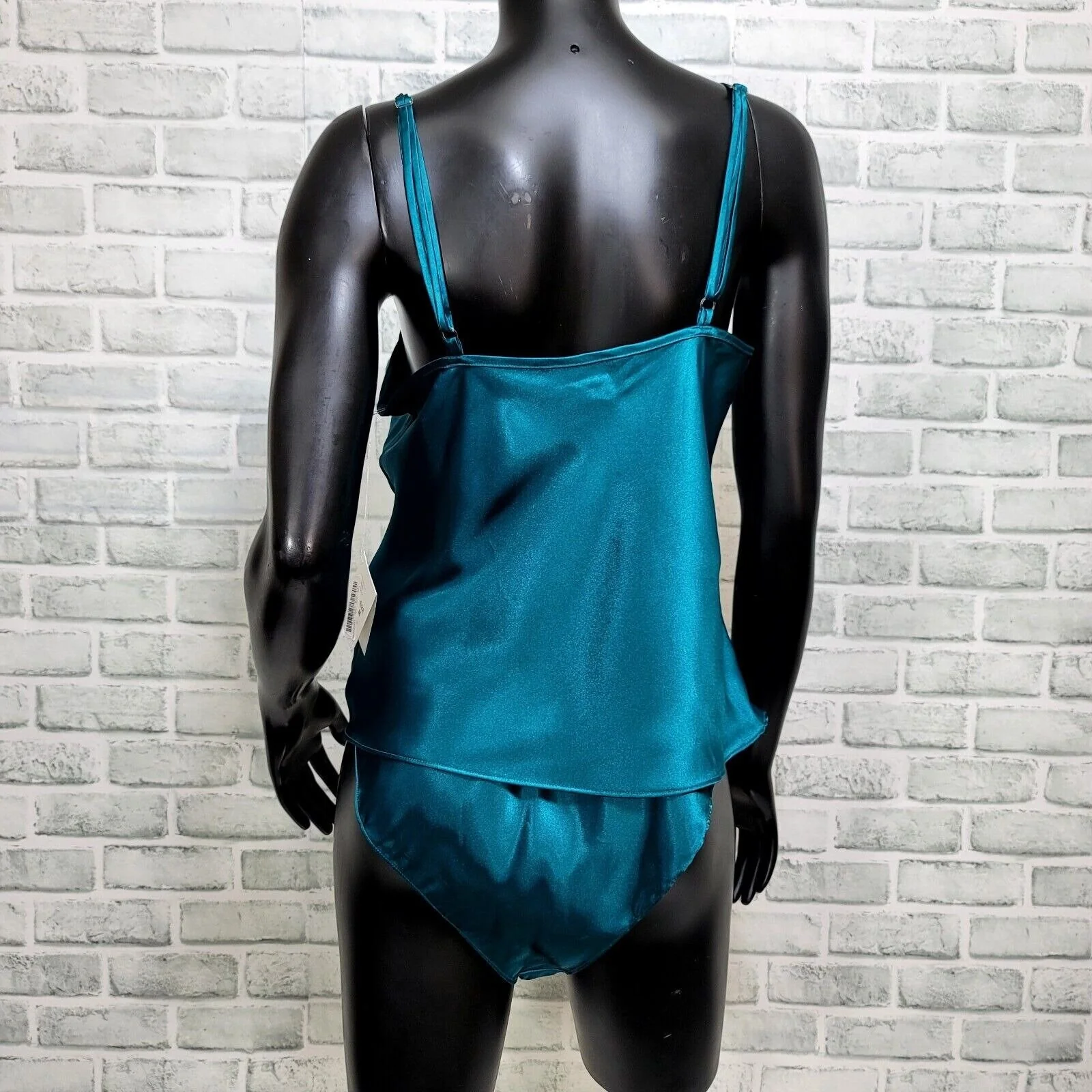 90s Teal Satin Cami Hi Cut Thigh Bottoms Pajama Set By Cabernet - Image 2