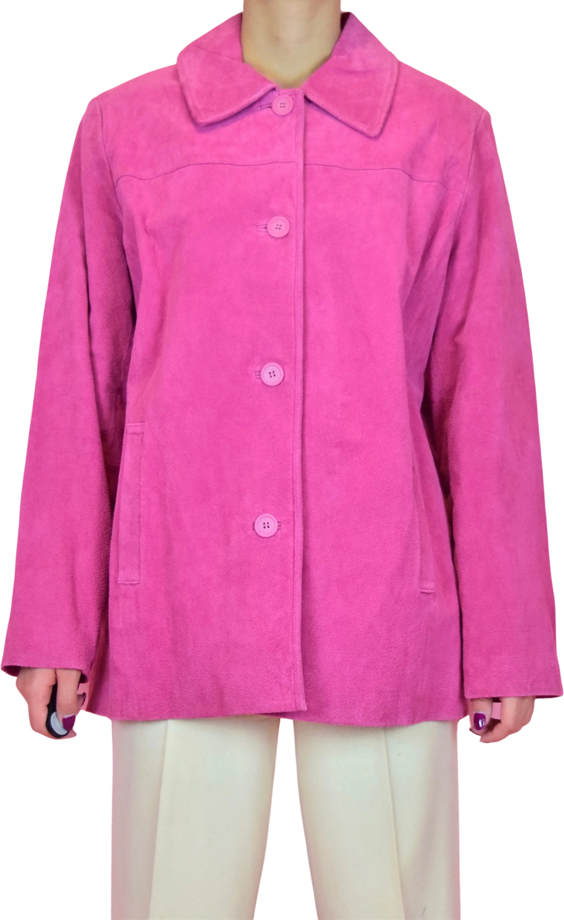 Vintage 90s Magenta Pink Suede Leather Jacket by Cuero