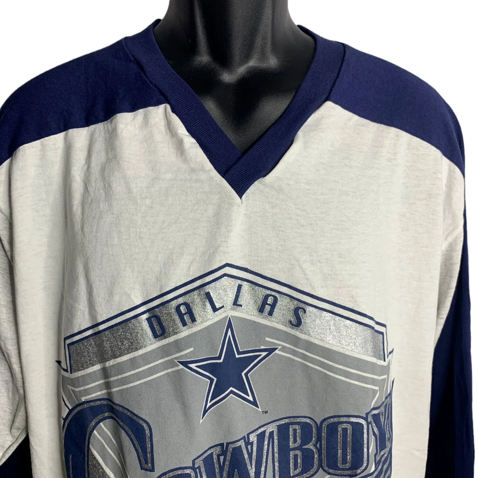 Vintage 90s Mens Dallas Cowboys T-Shirt Xl White Long Sleeve Football V-Neck by NFL - Image 3