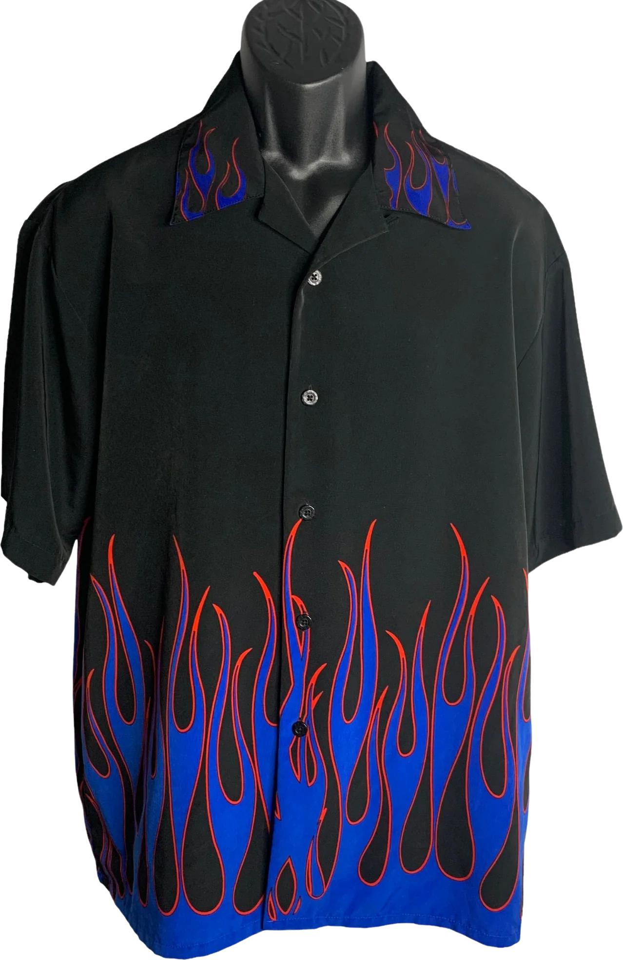 Vintage 90s Mens Dragonfly Button Up Shirt L Black Flames Short Sleeves Club by Dragonfly