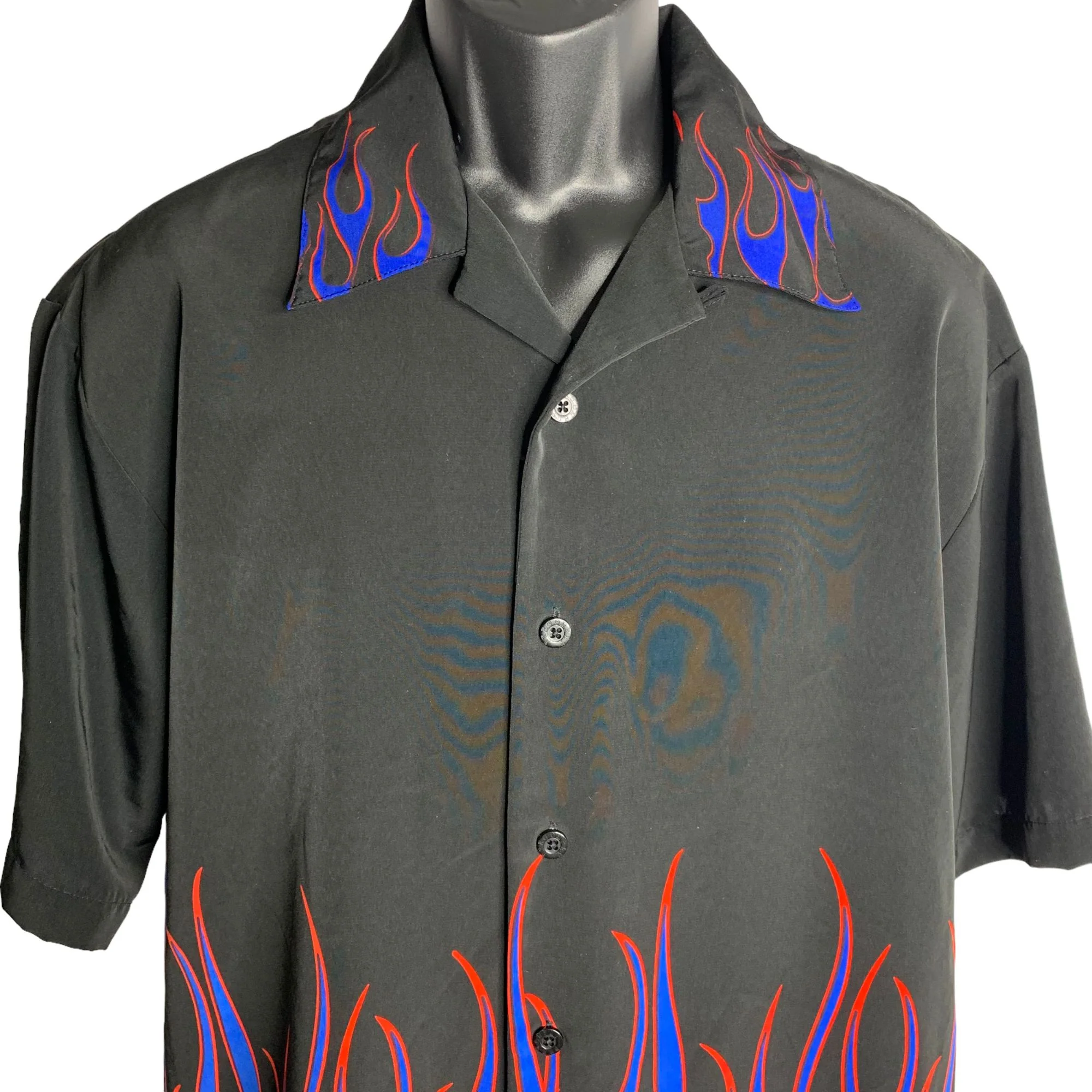 Vintage 90s Mens Dragonfly Button Up Shirt L Black Flames Short Sleeves Club by Dragonfly - Image 2