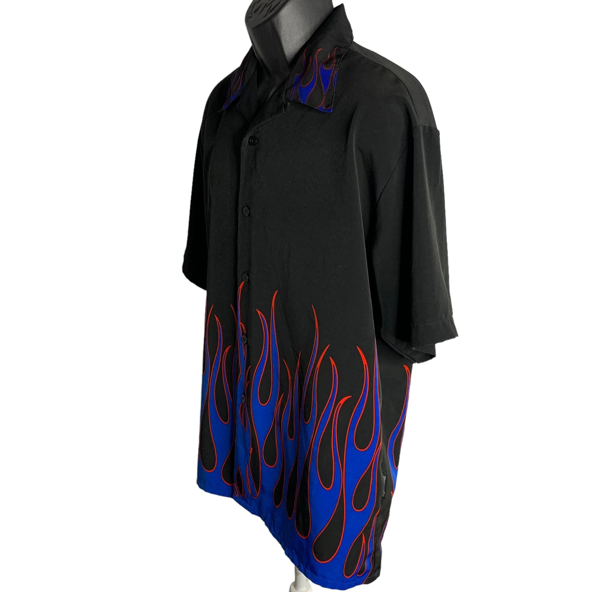 Vintage 90s Mens Dragonfly Button Up Shirt L Black Flames Short Sleeves Club by Dragonfly - Image 4