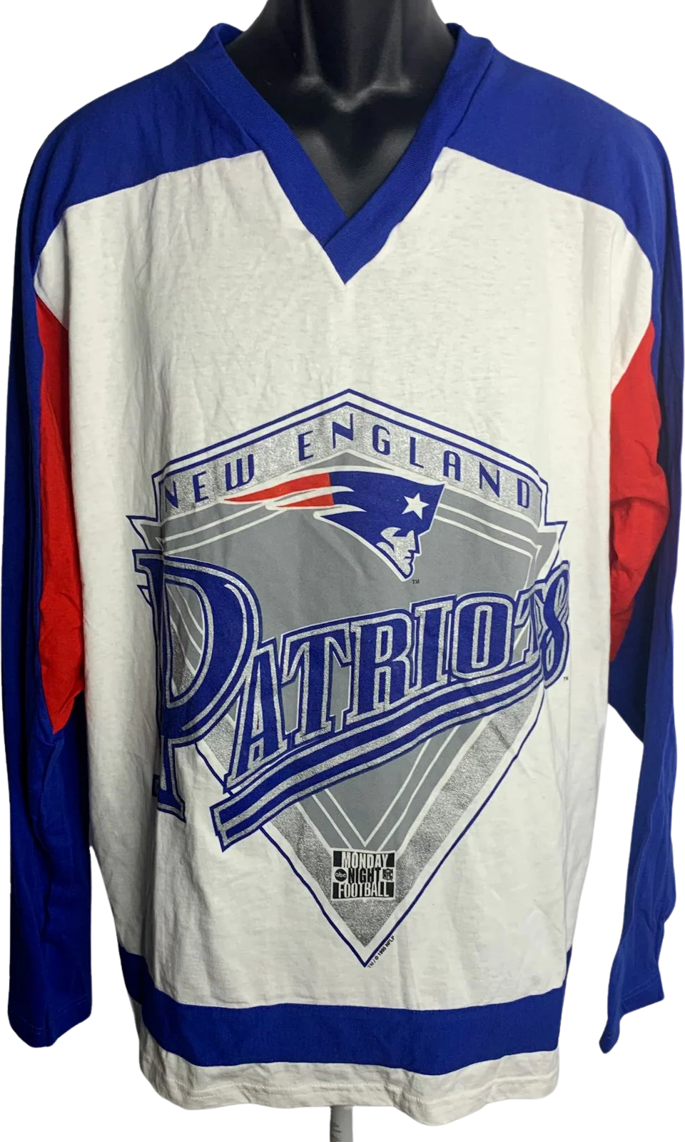 Vintage 90s Mens Nfl Patriots T-Shirt Xl White Long Sleeve Monday Night Football by League Leader