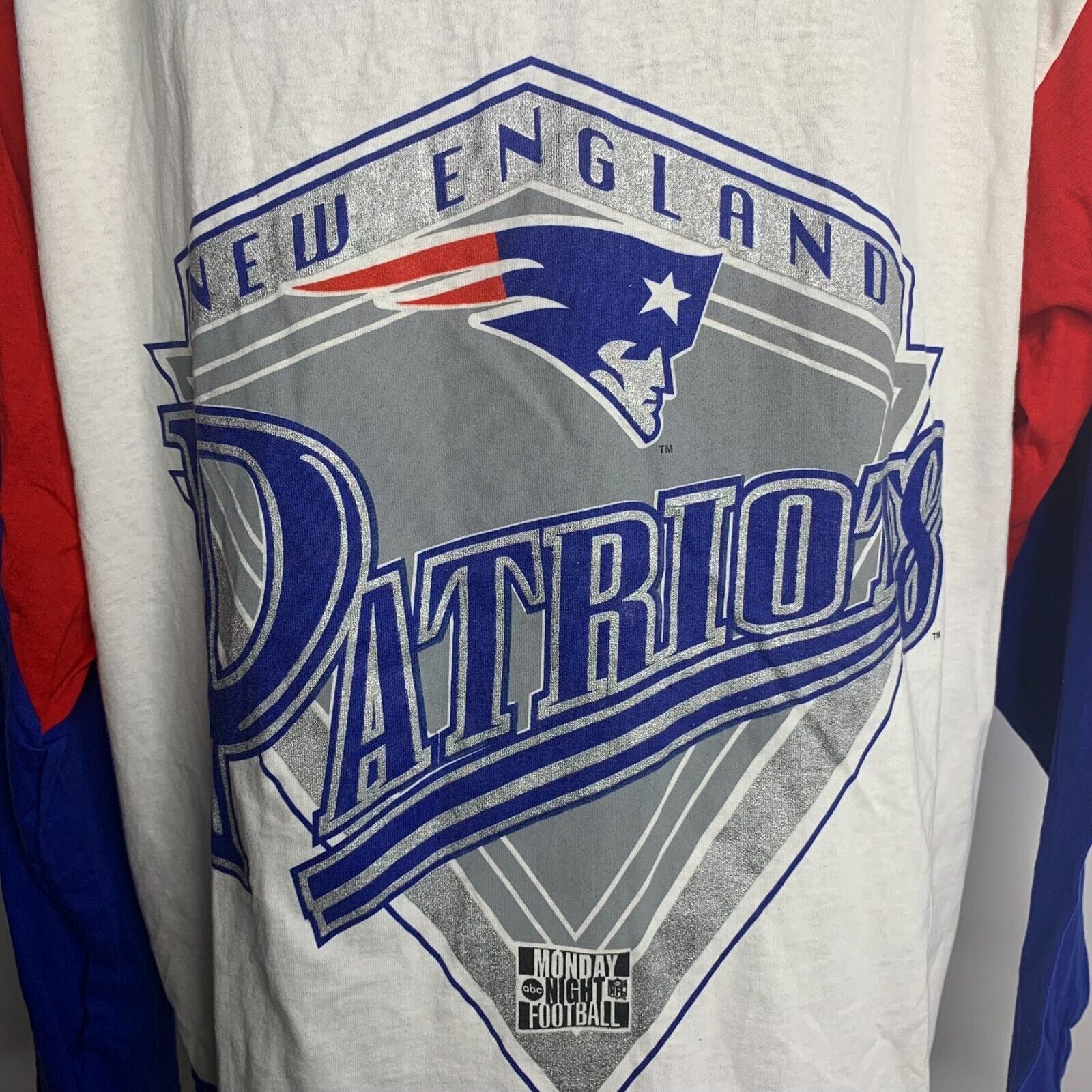 Vintage 90s Mens Nfl Patriots T-Shirt Xl White Long Sleeve Monday Night Football by League Leader - Image 4