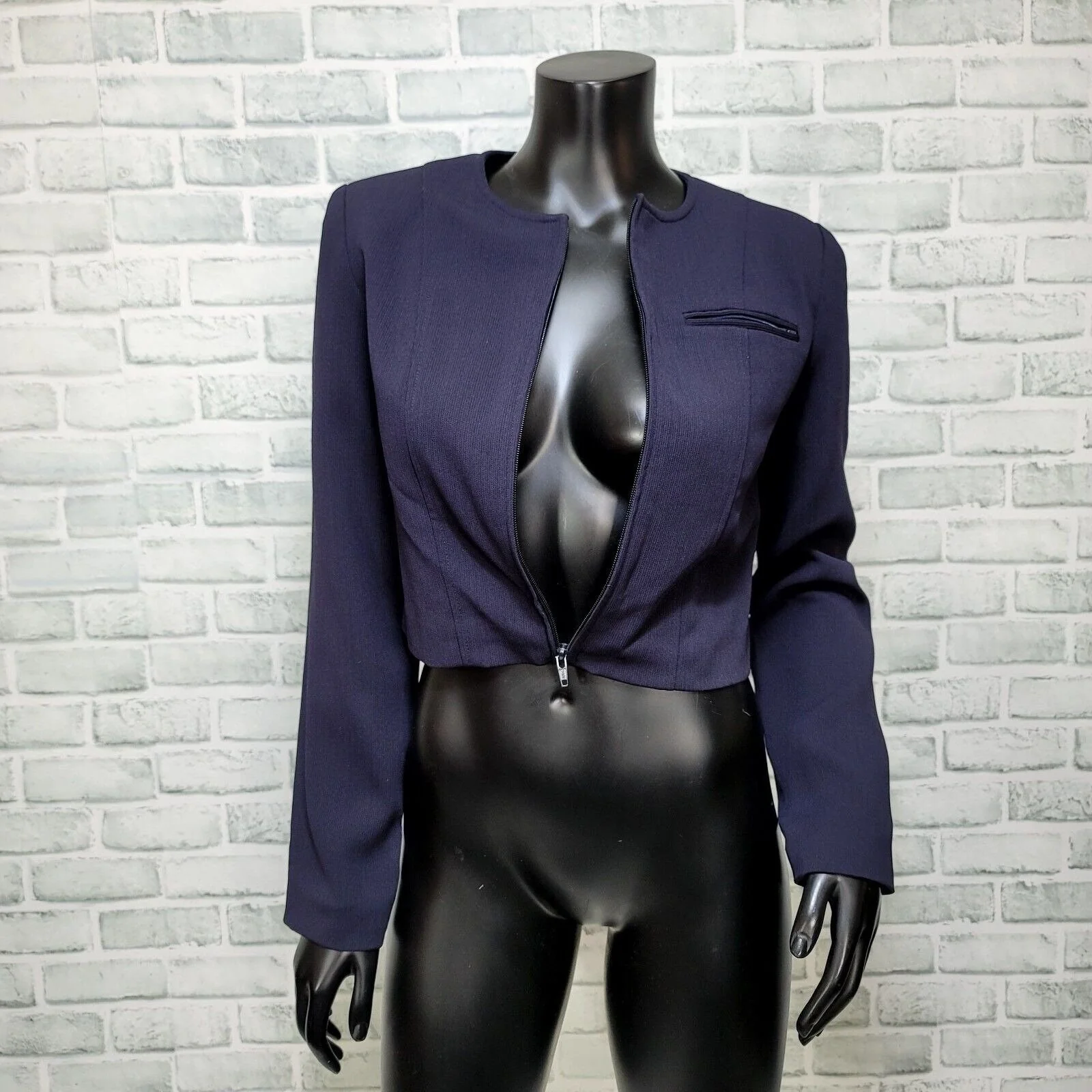 90s Navy Blue Ribbed Cropped Bolero Jacket By Mevisto - Image 3
