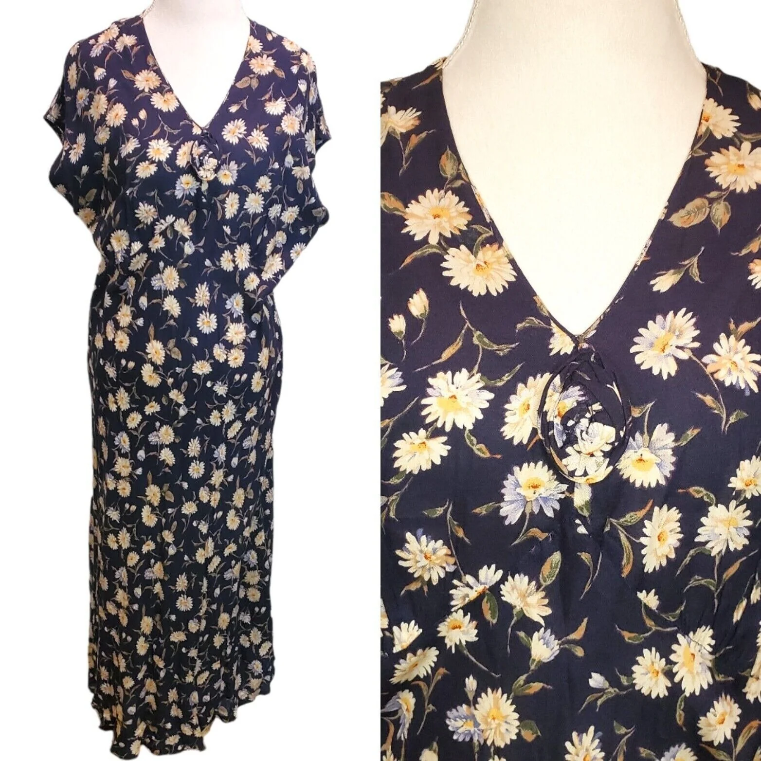 Vintage 90s Navy Blue Daisy Rayon Maxi Dress Lightweight V-Neck Sz Large Flaw by My Michelle - Image 3