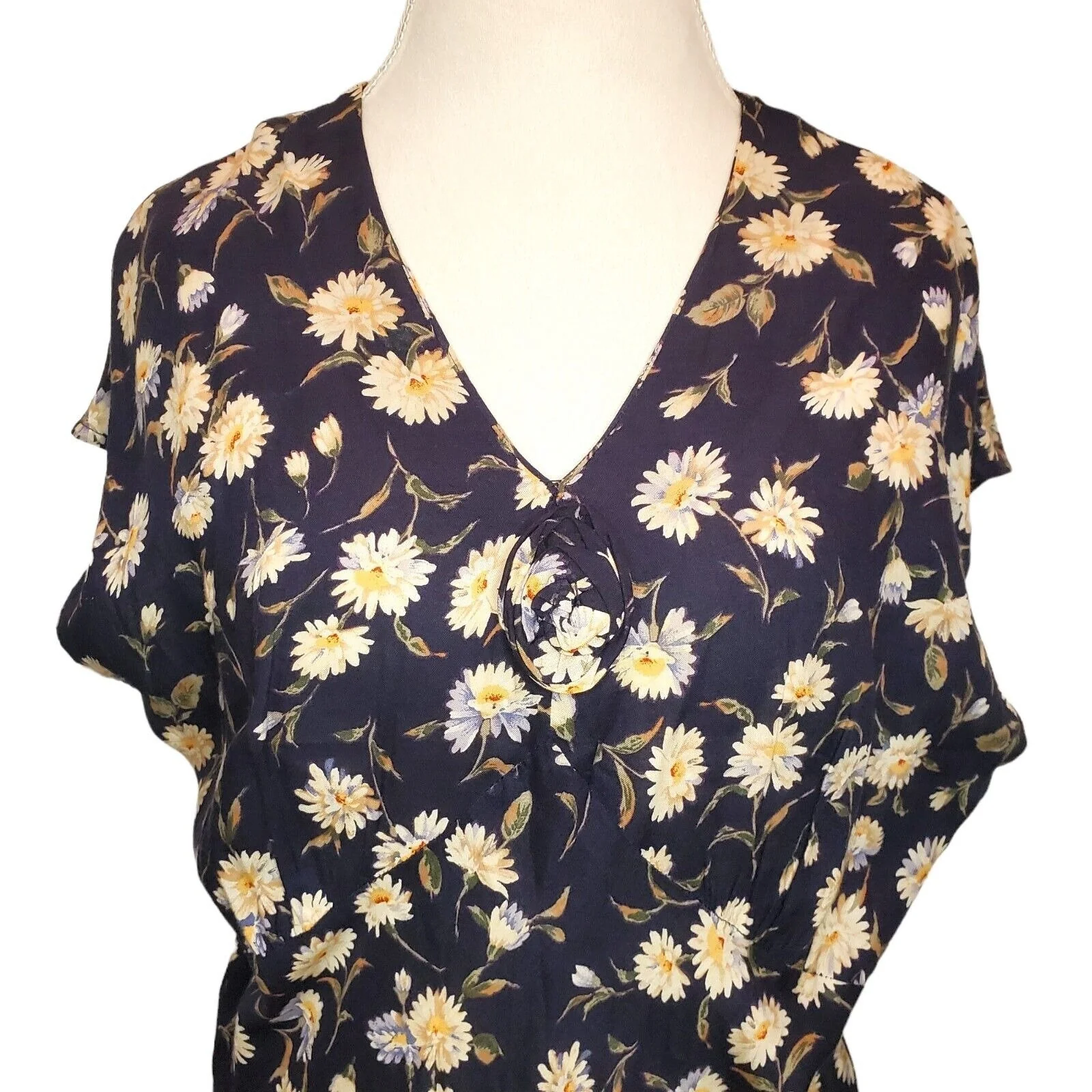 Vintage 90s Navy Blue Daisy Rayon Maxi Dress Lightweight V-Neck Sz Large Flaw by My Michelle - Image 4