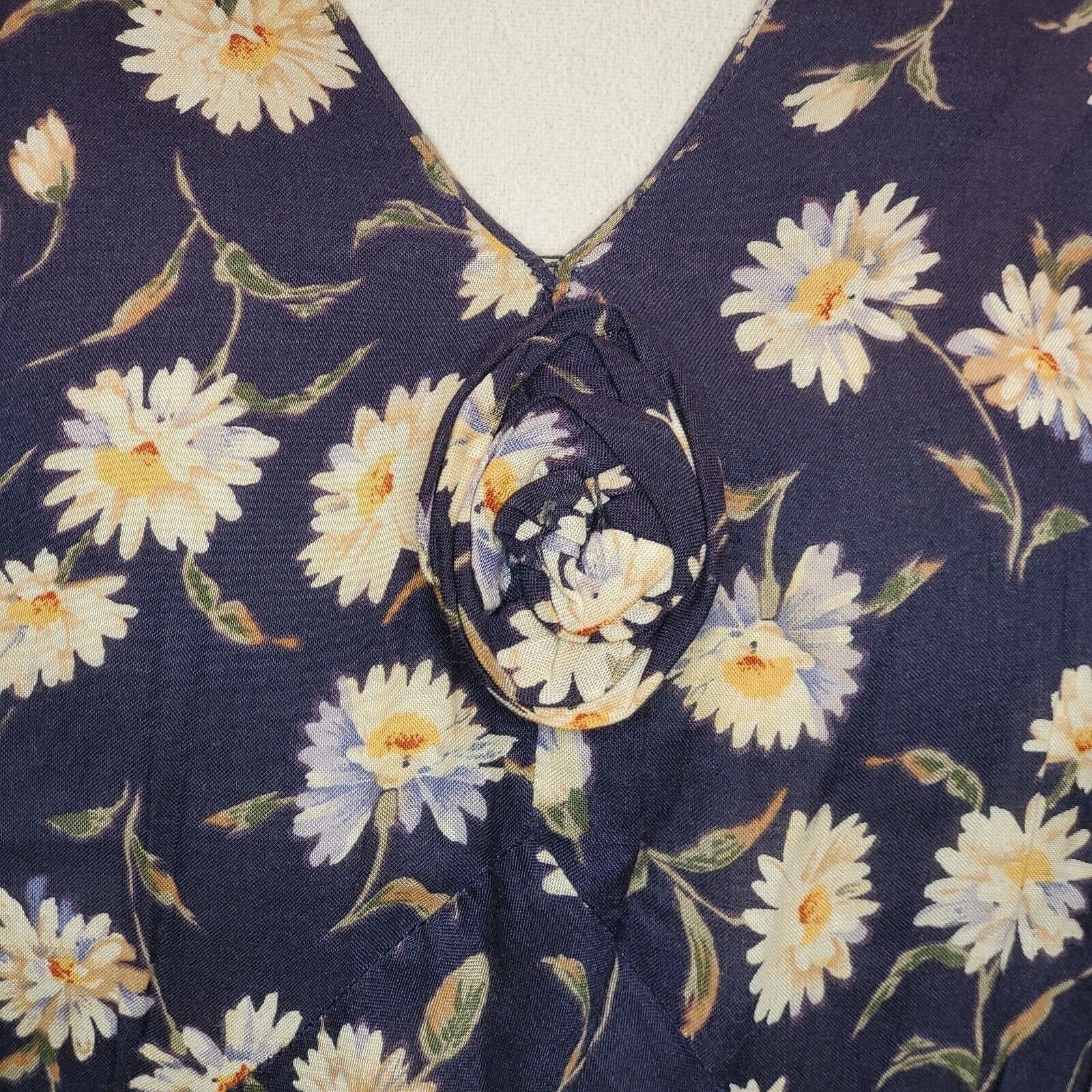 Vintage 90s Navy Blue Daisy Rayon Maxi Dress Lightweight V-Neck Sz Large Flaw by My Michelle - Image 5