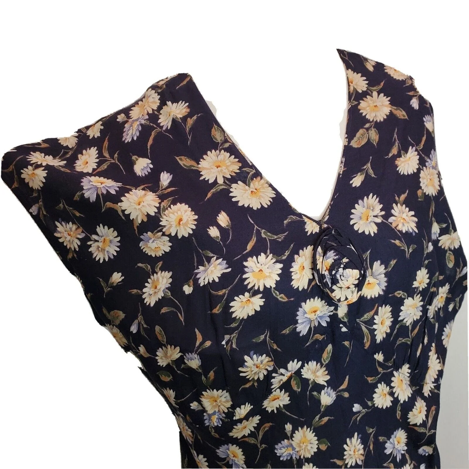 Vintage 90s Navy Blue Daisy Rayon Maxi Dress Lightweight V-Neck Sz Large Flaw by My Michelle - Image 7