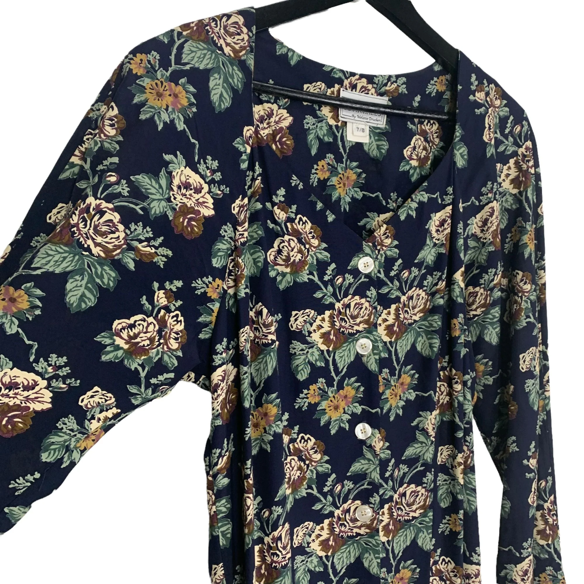 Vintage 90s Navy Blue Floral Long Sleeve Full Length Button Up Dress Medium by ED Michaels - Image 2