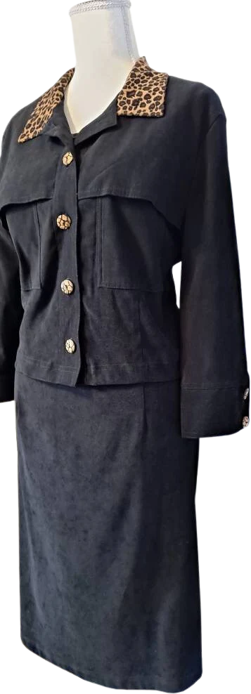 90s Black Faux Suede Dress And Jacket Set Animal Print By Nina Piccalino
