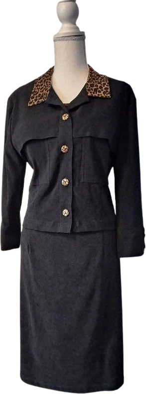 90s Black Faux Suede Dress And Jacket Set Animal Print By Nina Piccalino - Image 3