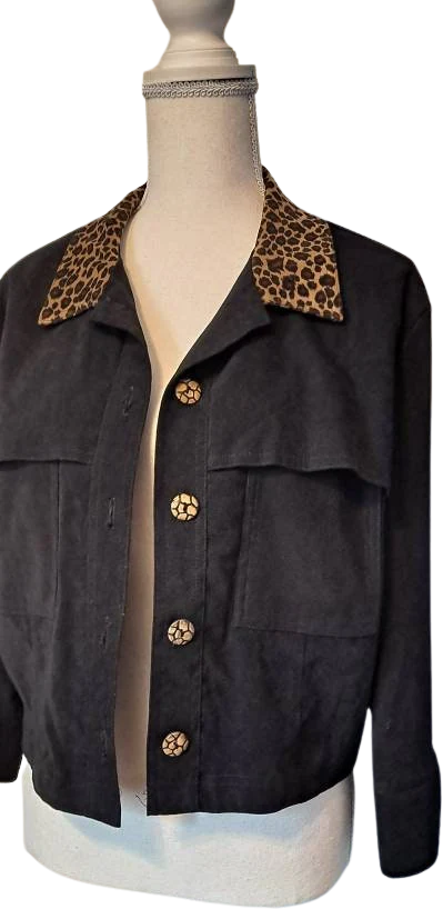 90s Black Faux Suede Dress And Jacket Set Animal Print By Nina Piccalino - Image 4