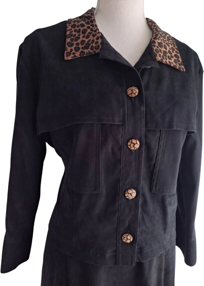 90s Black Faux Suede Dress And Jacket Set Animal Print By Nina Piccalino - Image 6