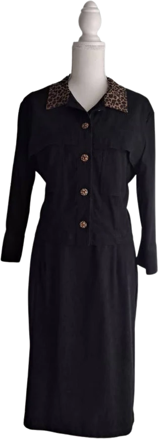 90s Black Faux Suede Dress And Jacket Set Animal Print By Nina Piccalino - Image 8