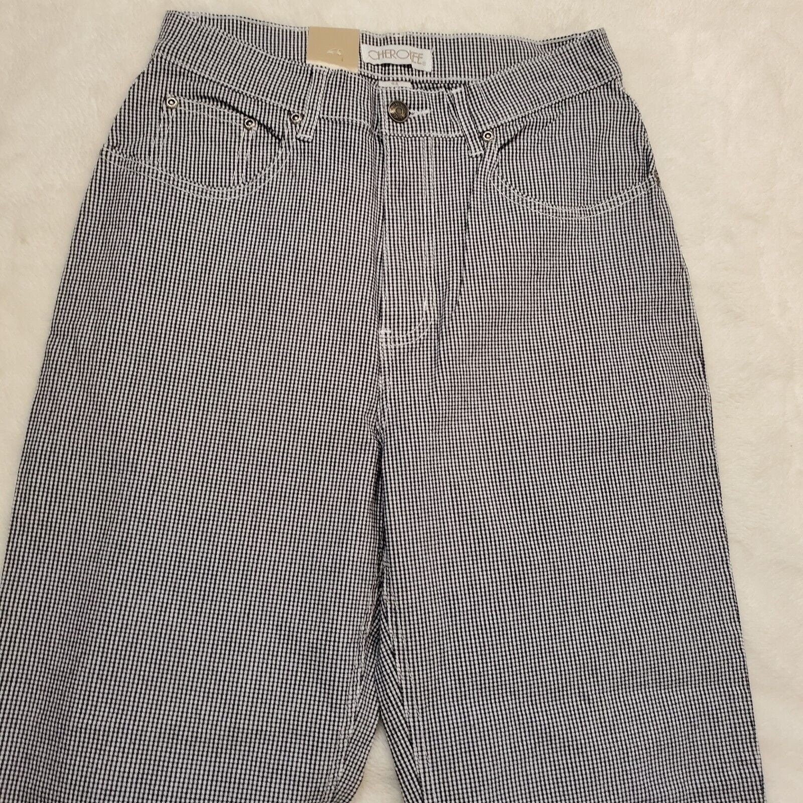 Vintage 90s Nwt Gingham Plaid Tapered High Waist Pants Stretch Navy Blue Sz 6 by Cherokee - Image 4