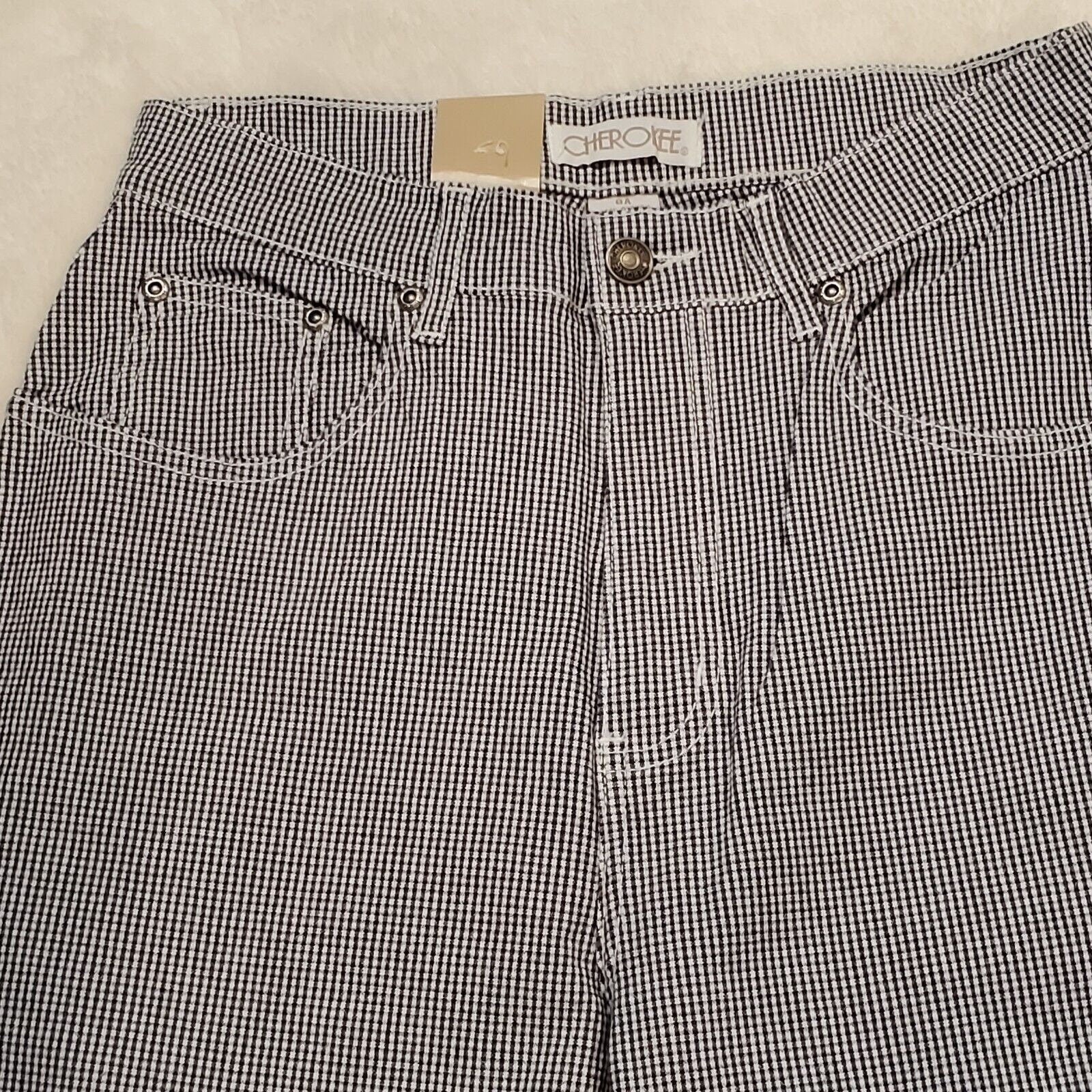 Vintage 90s Nwt Gingham Plaid Tapered High Waist Pants Stretch Navy Blue Sz 6 by Cherokee - Image 7