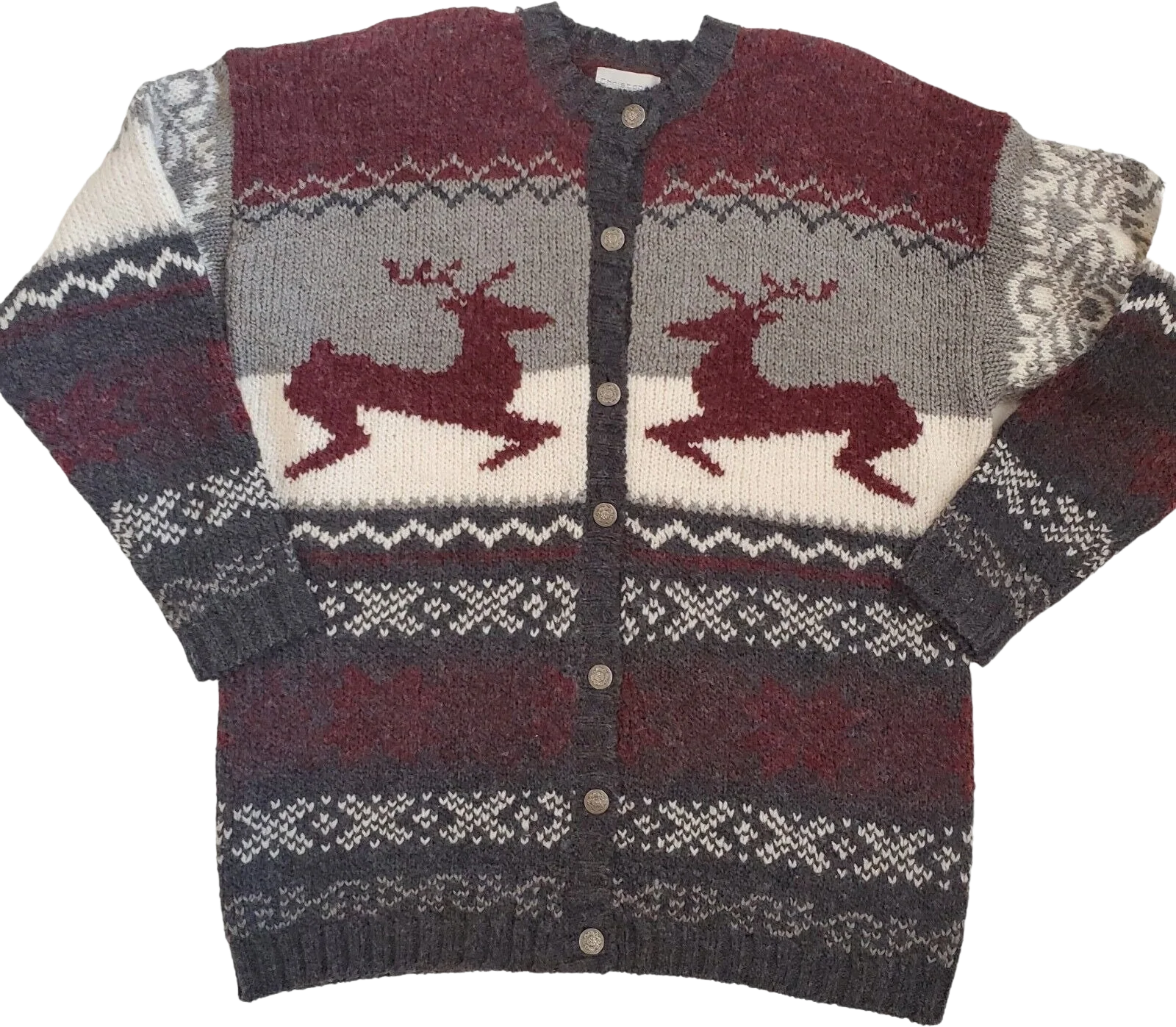 Vintage 90s Oversized Reindeer Christmas Cardigan Sweater Gray Chunky Sz Medium by Christopher & Banks