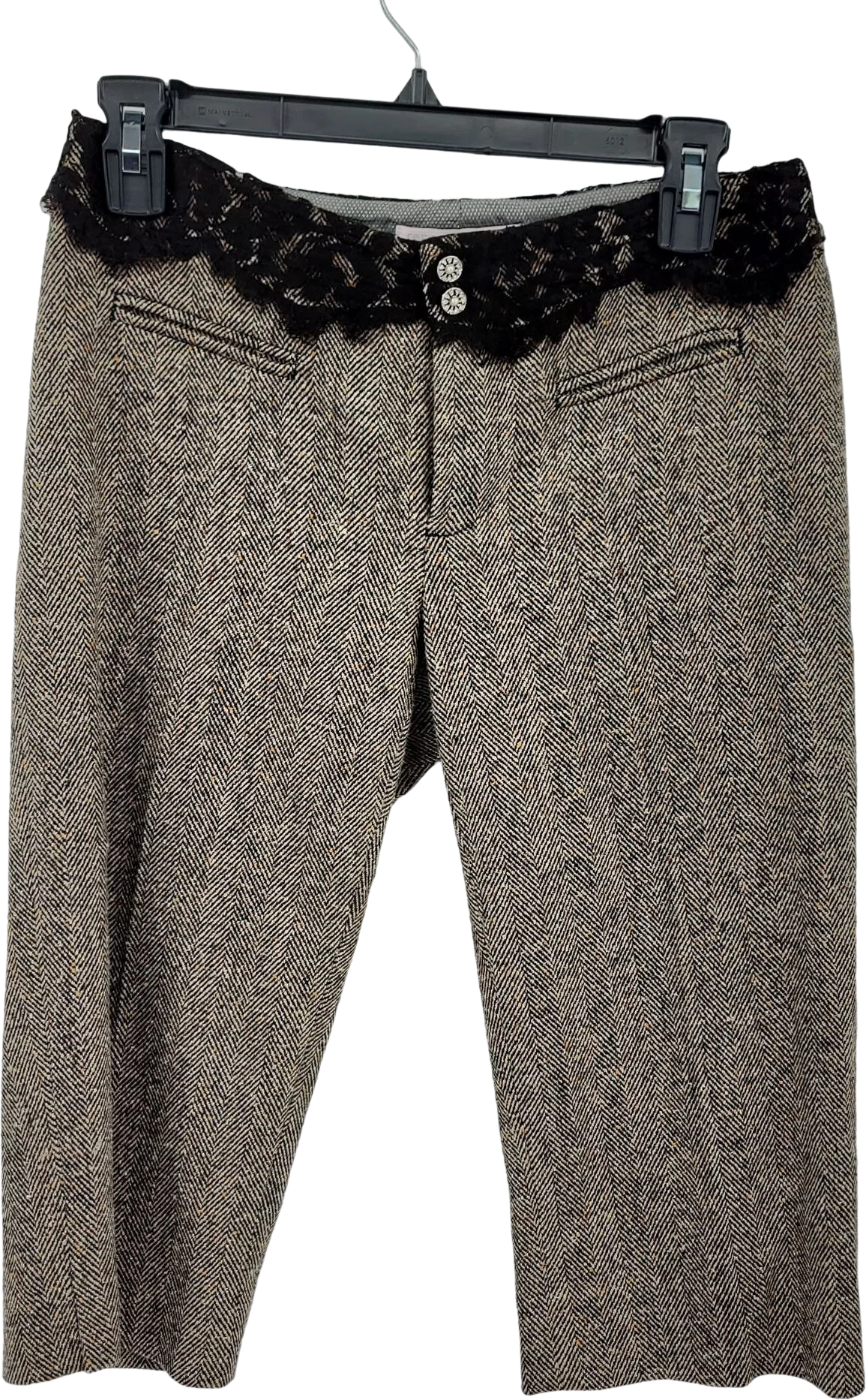 Vintage 90s Pants Academia Wool Knee Length Herringbone Plaid Lace Trim Brown 2 by Rebecca Taylor