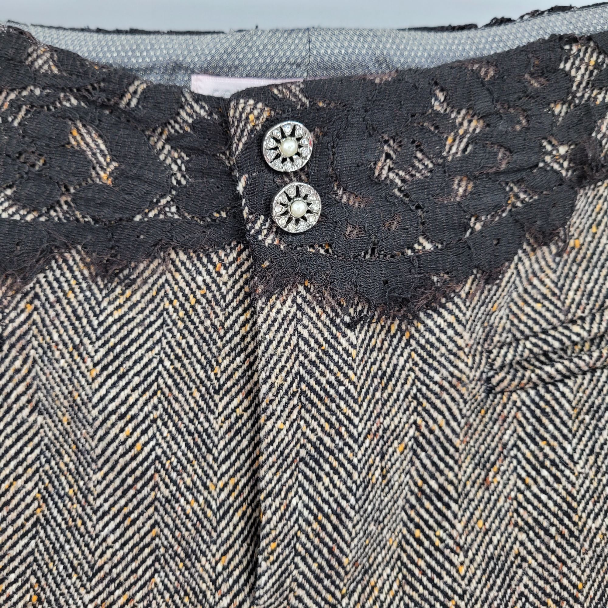 Vintage 90s Pants Academia Wool Knee Length Herringbone Plaid Lace Trim Brown 2 by Rebecca Taylor - Image 6