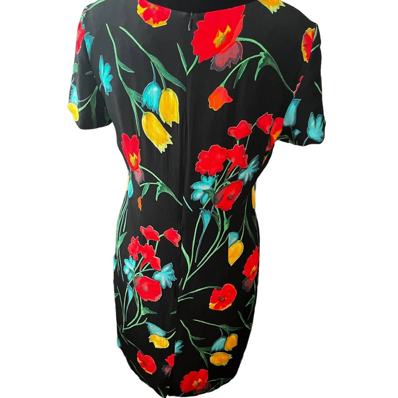 Vintage 90s Petite Red Yellow Floral Shift Dress 12 Med Large by John Roberts - Image 2