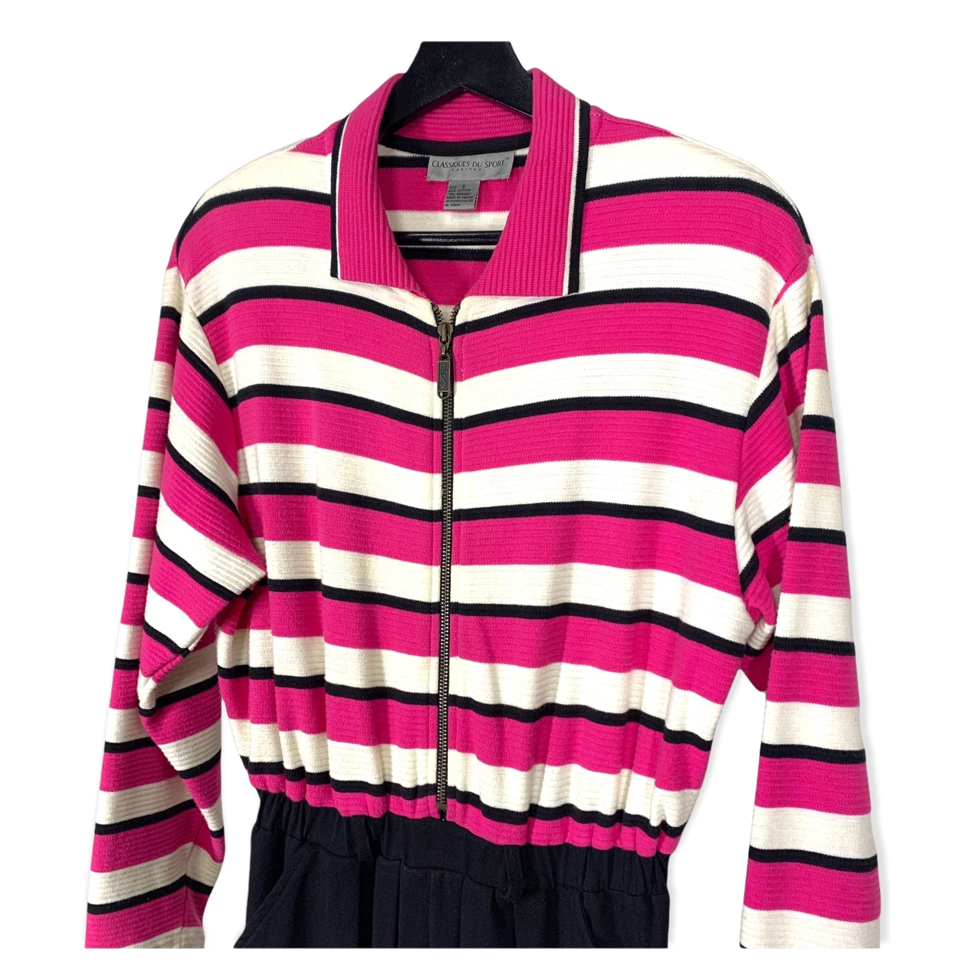 Vintage 90s Pink Black White Stripe Long Sleeve Zip Up Jumpsuit Small by Classiques du Sport - Image 2