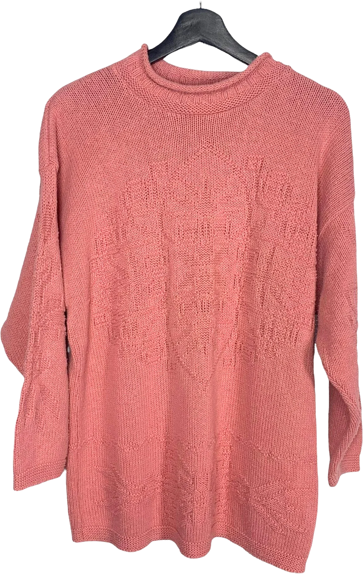 Vintage 90s Pink Pattern Rolled Collar Overd Knit Sweater