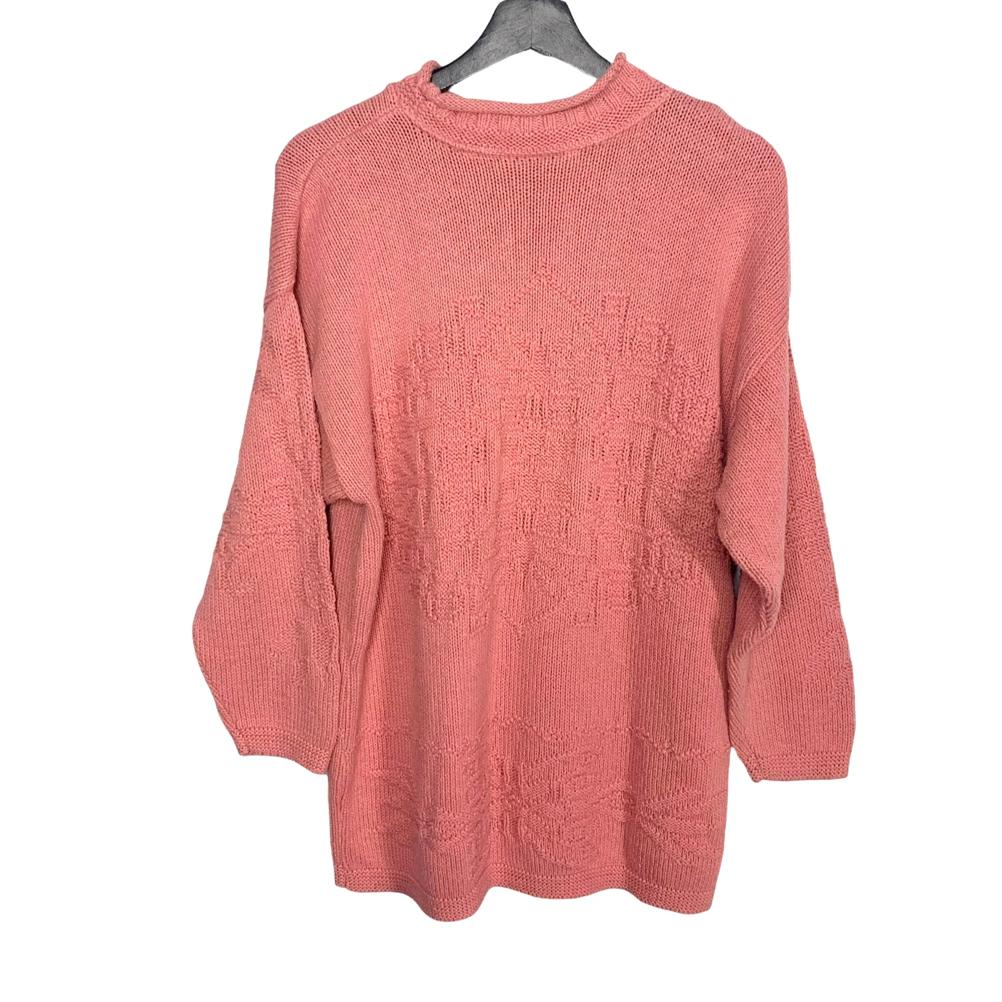 Vintage 90s Pink Pattern Rolled Collar Overd Knit Sweater - Image 2