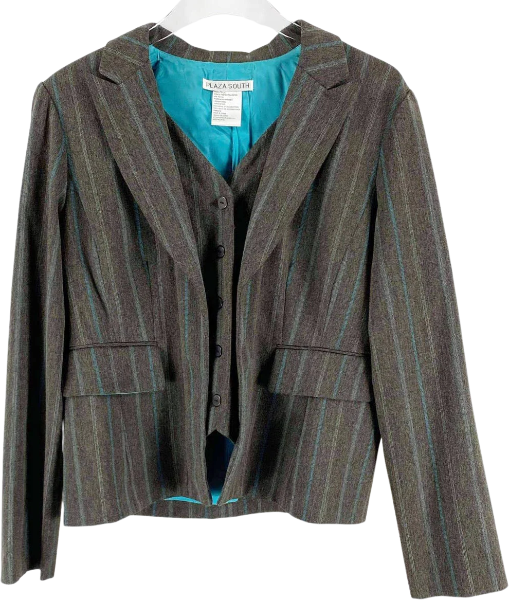 Vintage 90s Pinstripe Brown Blue Blazer Suit Jacket by Plaza South