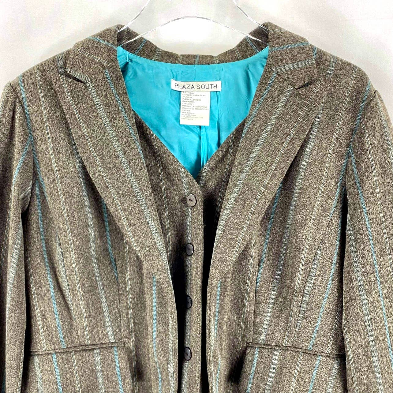 Vintage 90s Pinstripe Brown Blue Blazer Suit Jacket by Plaza South - Image 4