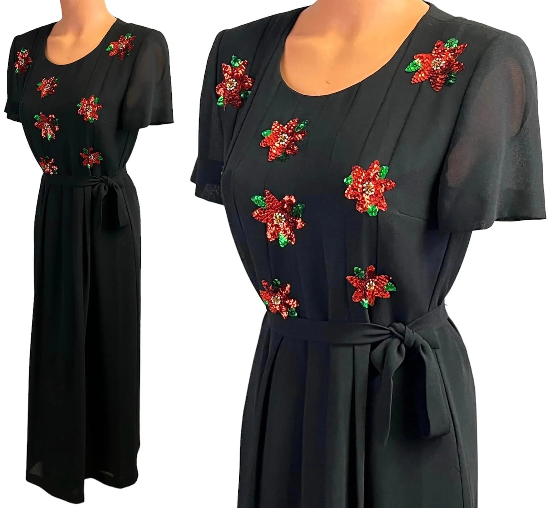Vintage 90s Poinsettia Sequined Black Maxi Dress by jessica howard - Image 7