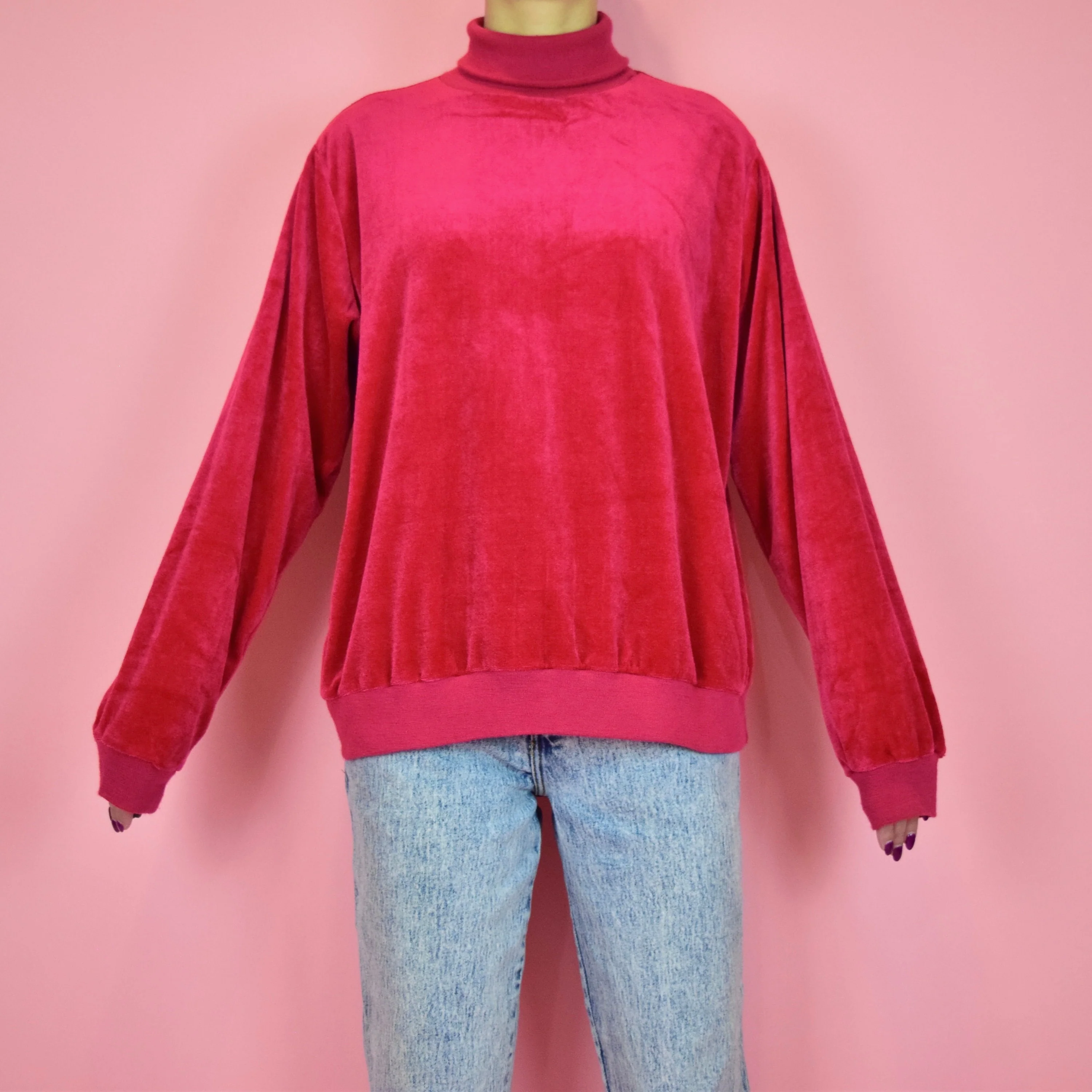 Vintage 90s Red Pink Velour Turtleneck Sweatshirt - Image 4