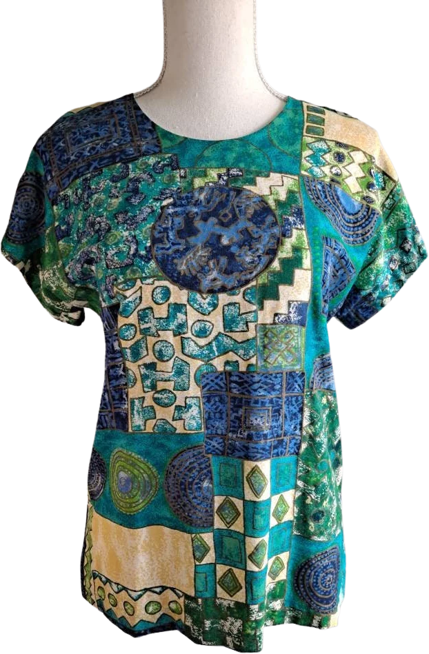 90s Vintage Teal Rayon Tribal Print Blouse By Requirements