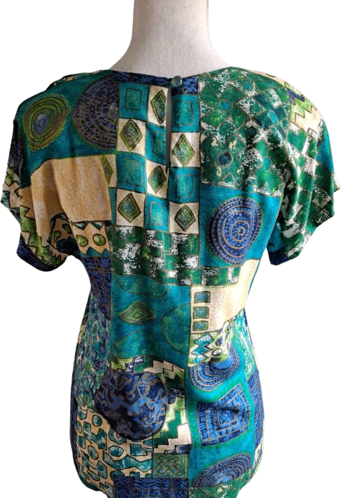 90s Vintage Teal Rayon Tribal Print Blouse By Requirements - Image 2