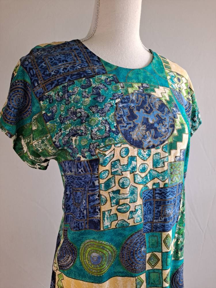 90s Vintage Teal Rayon Tribal Print Blouse By Requirements - Image 3