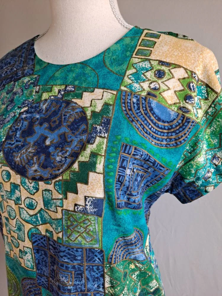 90s Vintage Teal Rayon Tribal Print Blouse By Requirements - Image 4