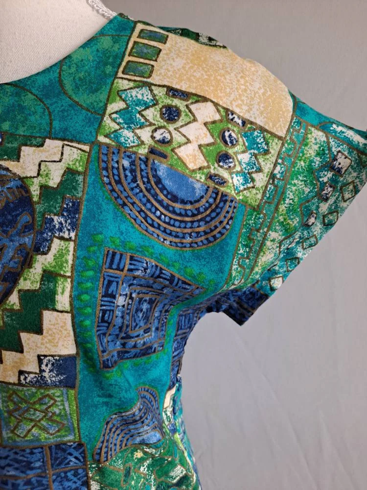 90s Vintage Teal Rayon Tribal Print Blouse By Requirements - Image 5