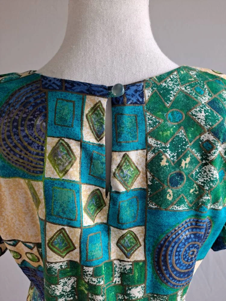 90s Vintage Teal Rayon Tribal Print Blouse By Requirements - Image 6