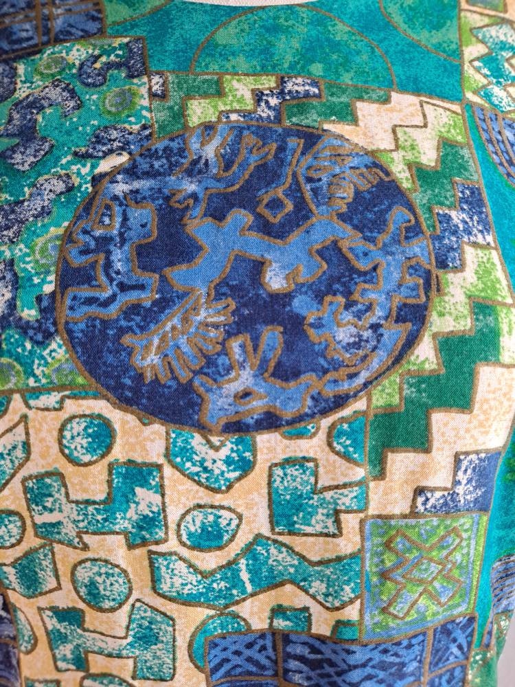 90s Vintage Teal Rayon Tribal Print Blouse By Requirements - Image 7