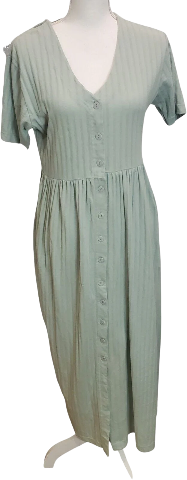Vintage 90s Sage Green Casual Knit Shirt Dress Maxi Ribbed Cotton Usa Sz Small by Sunbelt