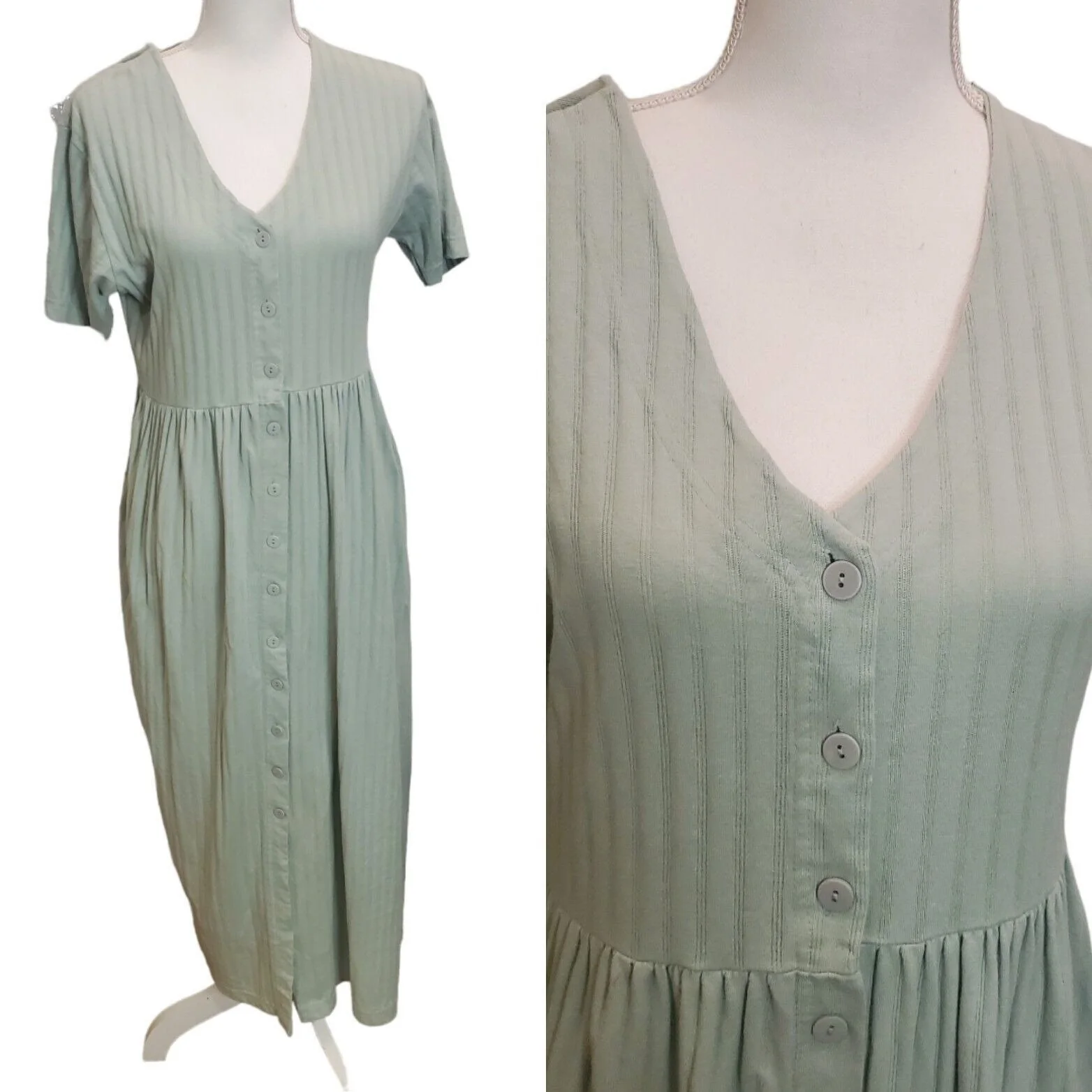 Vintage 90s Sage Green Casual Knit Shirt Dress Maxi Ribbed Cotton Usa Sz Small by Sunbelt - Image 3