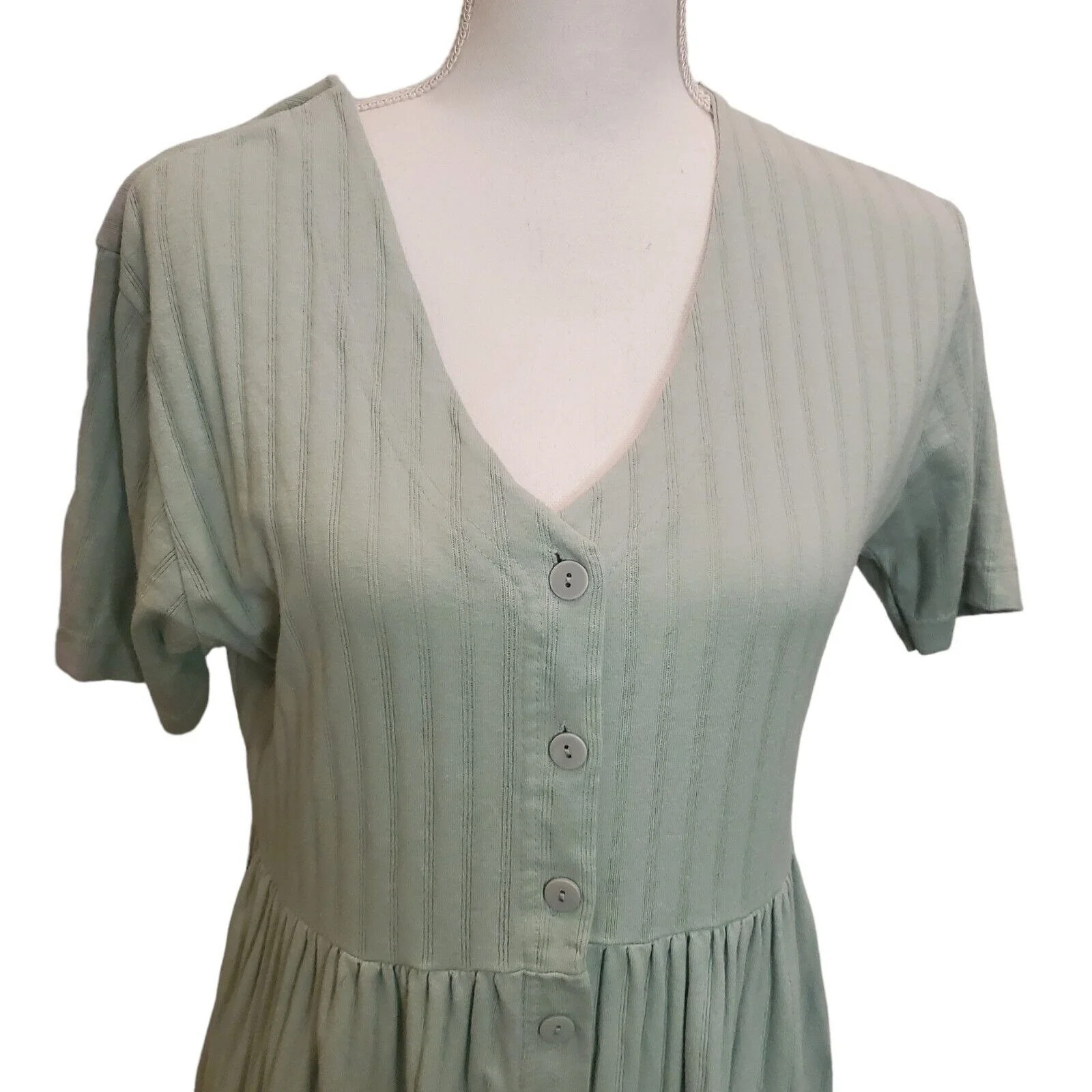 Vintage 90s Sage Green Casual Knit Shirt Dress Maxi Ribbed Cotton Usa Sz Small by Sunbelt - Image 4