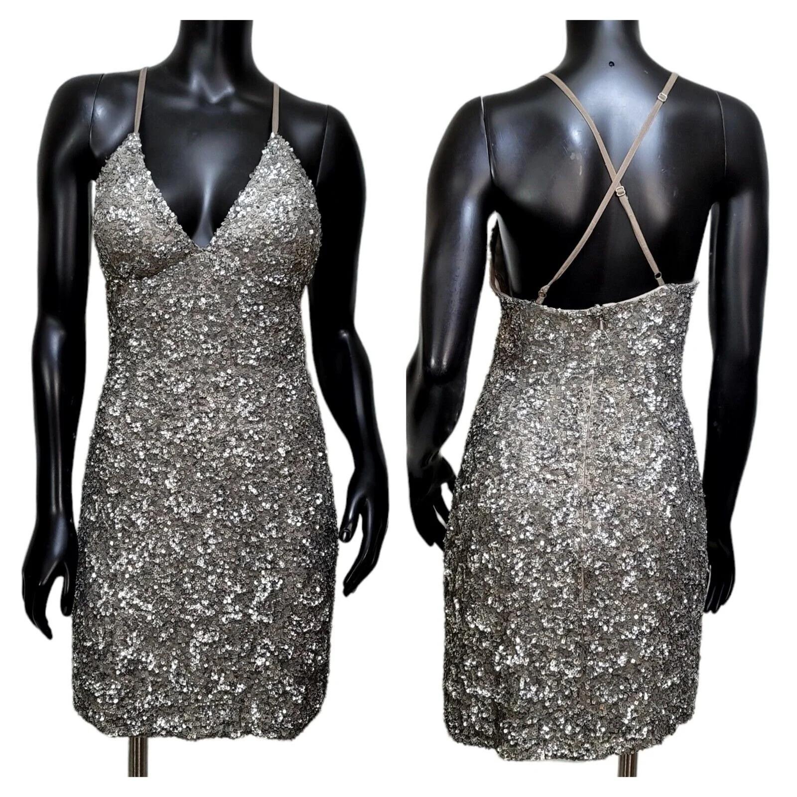 90s Silver Rhinestone Silk Crisscross Mini Dress By Scala - Image 3