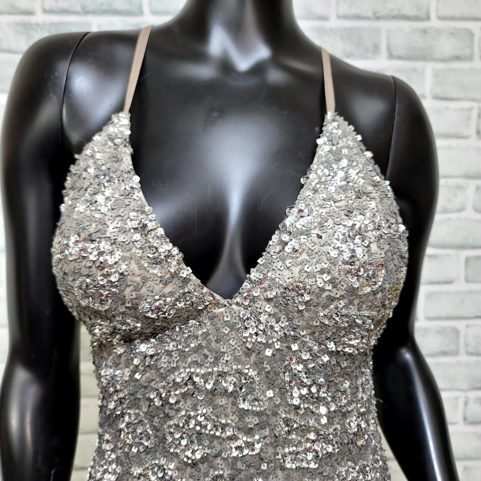 90s Silver Rhinestone Silk Crisscross Mini Dress By Scala - Image 4