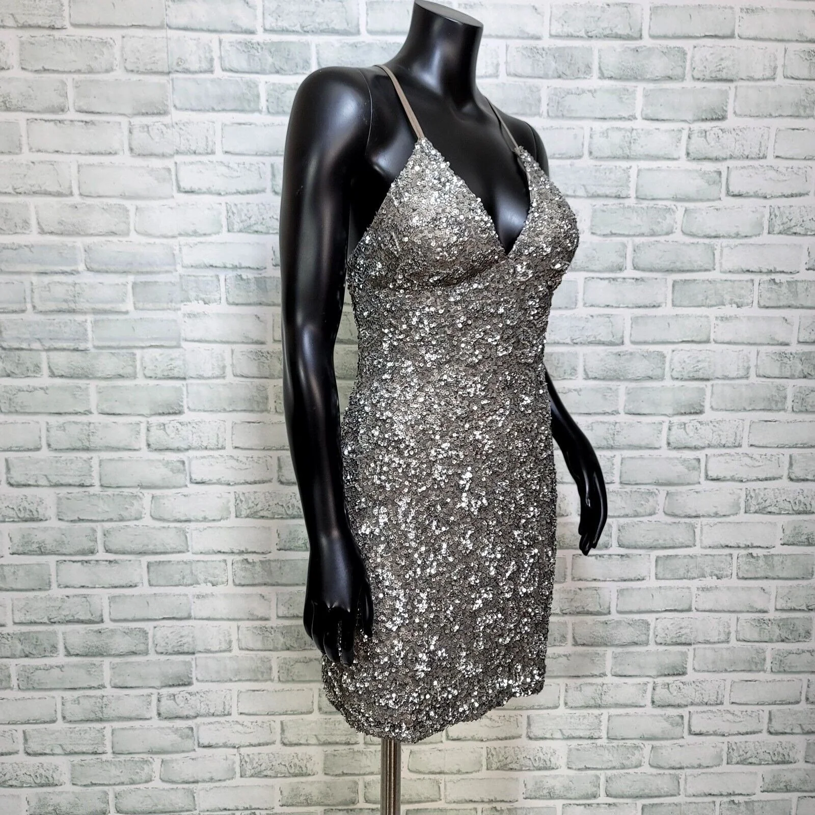 90s Silver Rhinestone Silk Crisscross Mini Dress By Scala - Image 7