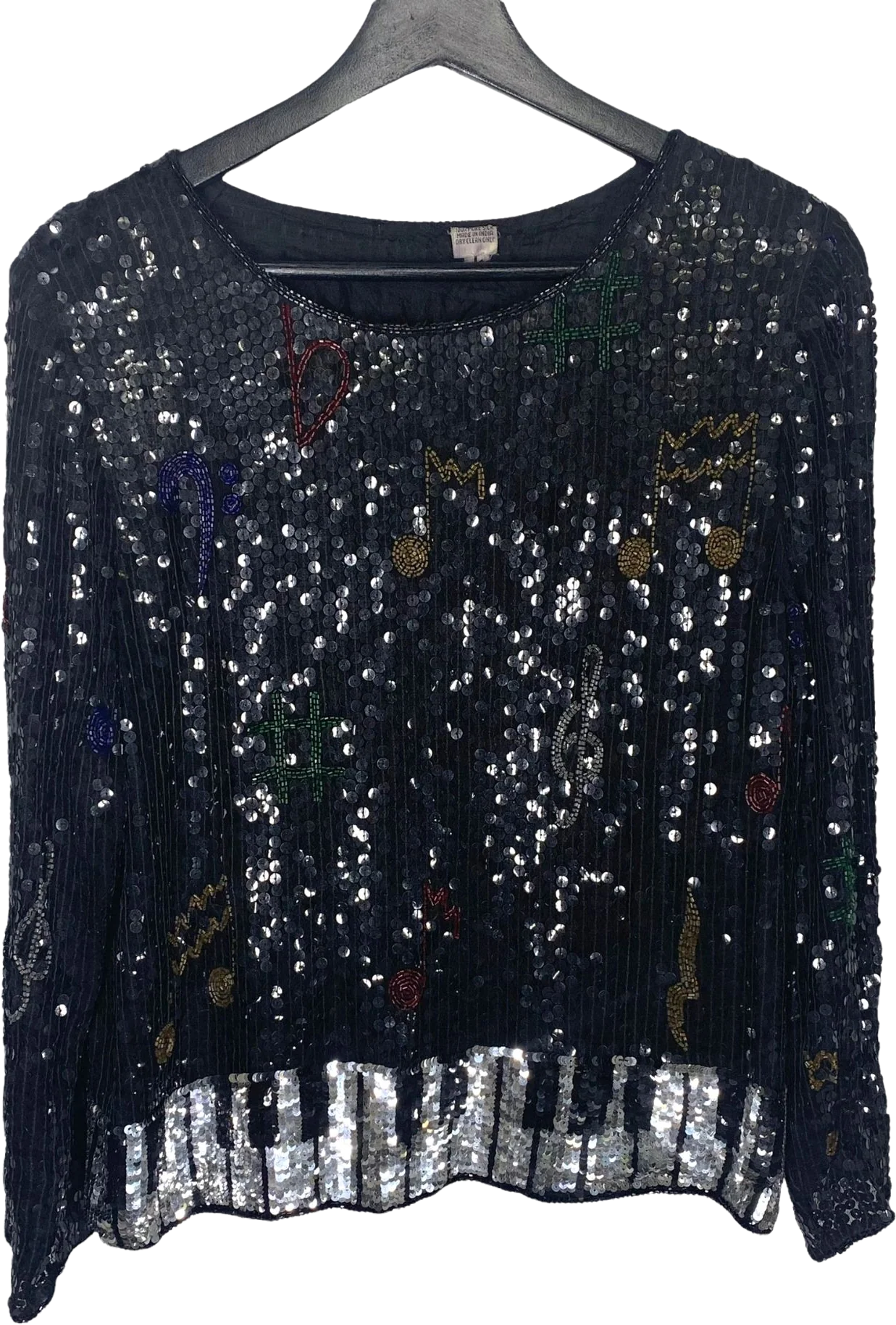 Vintage 90s Sequin Piano Musical Notes Long Sleeve Silk Black Top
