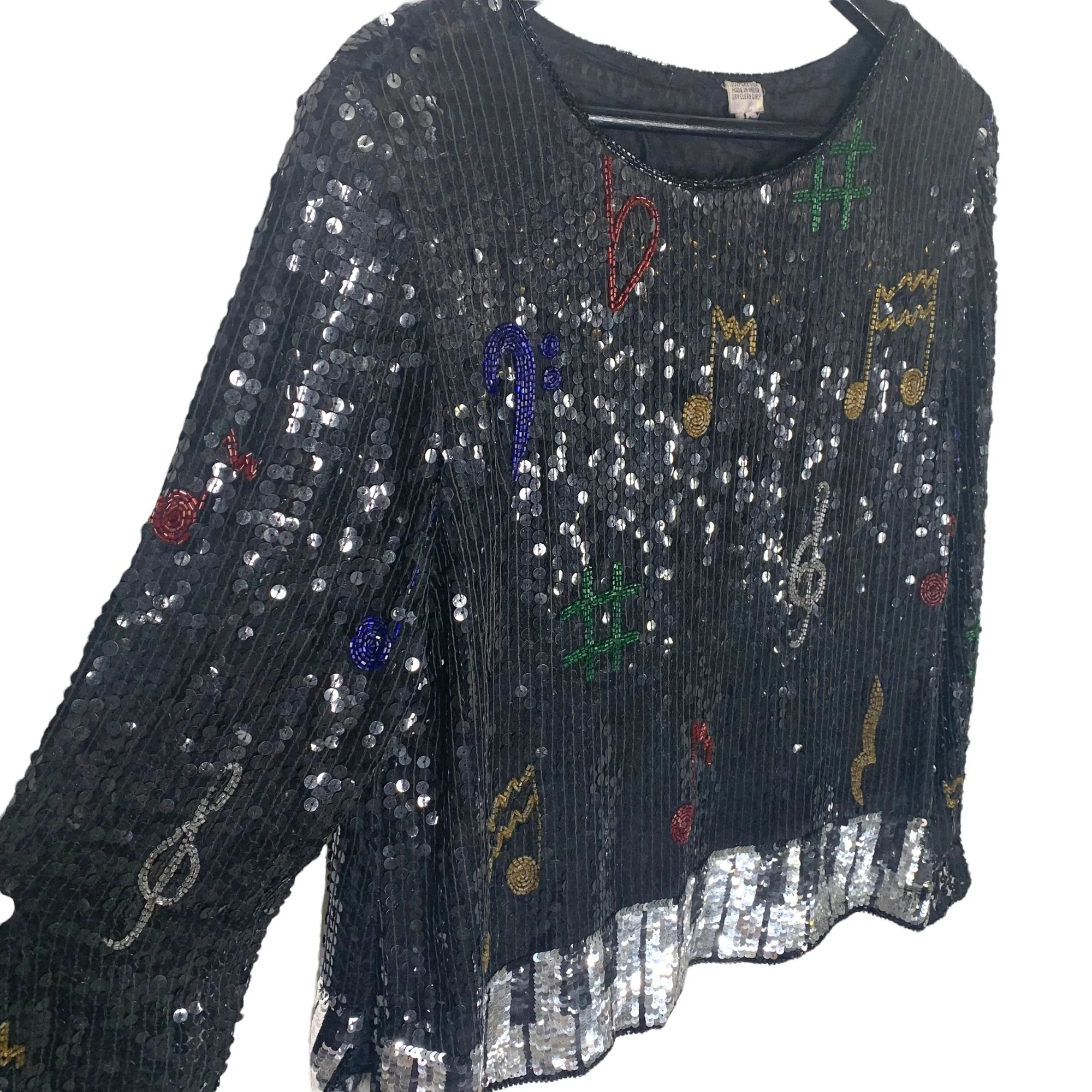 Vintage 90s Sequin Piano Musical Notes Long Sleeve Silk Black Top - Image 2