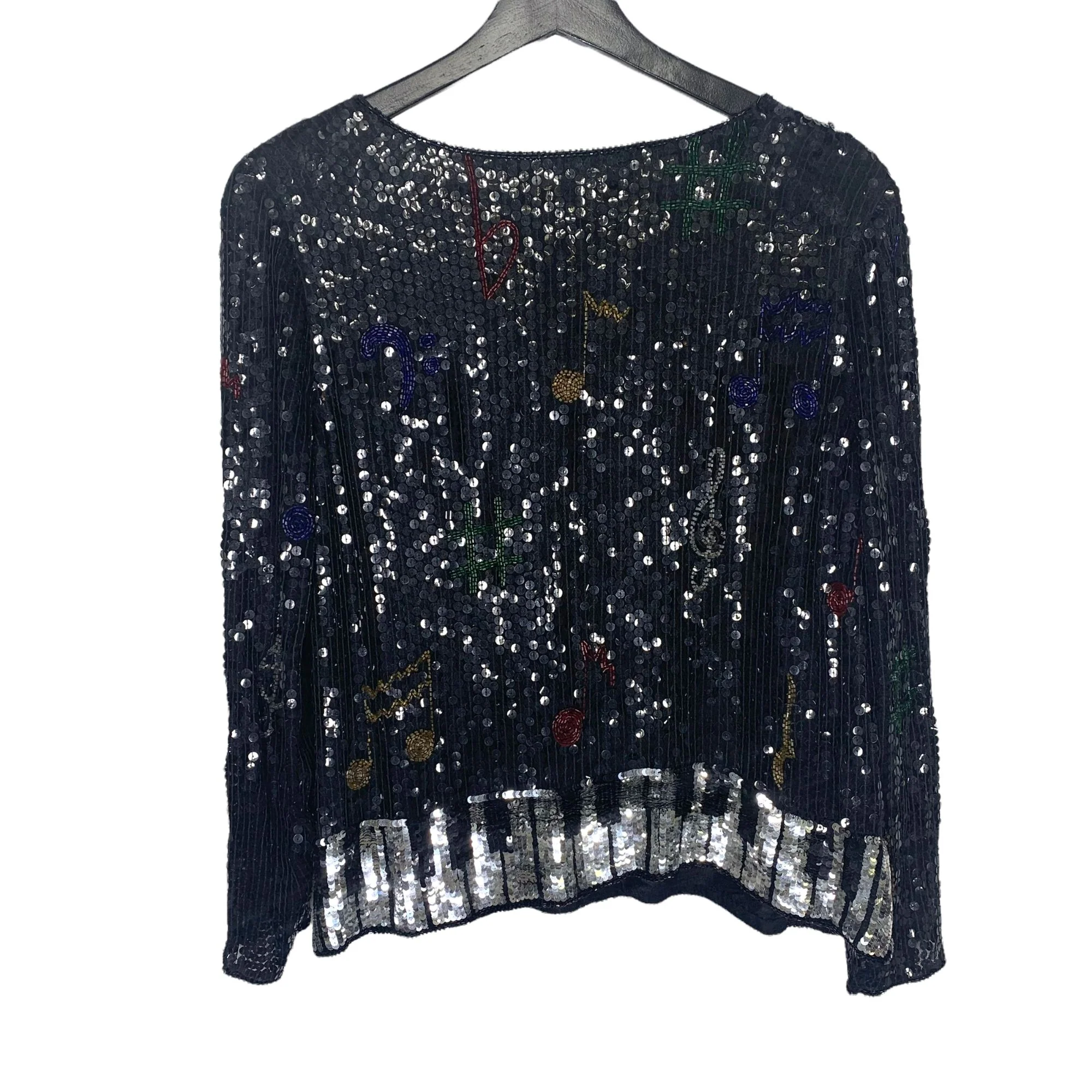 Vintage 90s Sequin Piano Musical Notes Long Sleeve Silk Black Top - Image 3