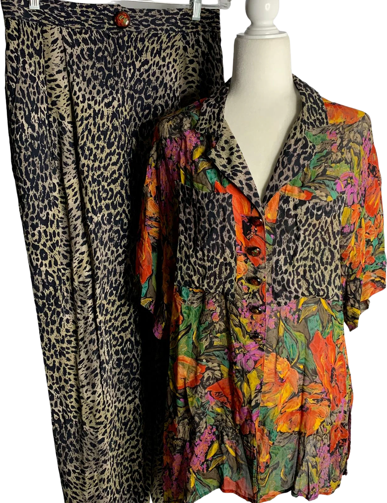 Vintage 90s Sheer Button Up Shirt Pants Set L Floral Leopard Short Sleeve by Platinum