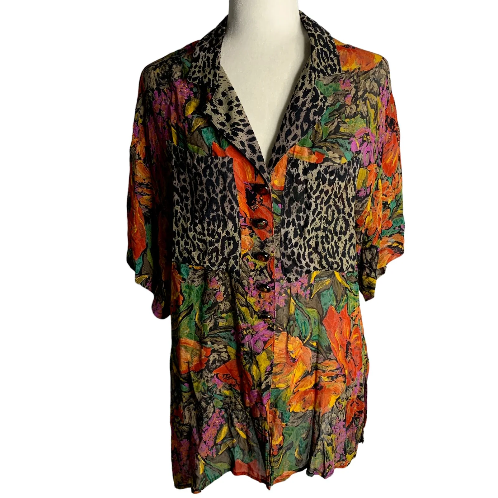 Vintage 90s Sheer Button Up Shirt Pants Set L Floral Leopard Short Sleeve by Platinum - Image 2